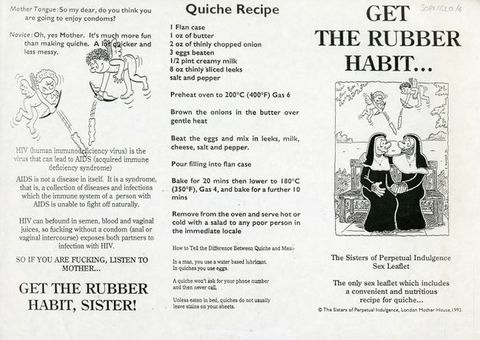 Page from a leaflet. This black and white leaflet contains text and illustrations related to safe sex with a series of satirical religious references. The title text reads, “GET THE RUBBER HABIT”, and includes an illustration of two nuns with facial hair holding hands on a bench, while mock-cherubic angels fire condoms from bows behind them.