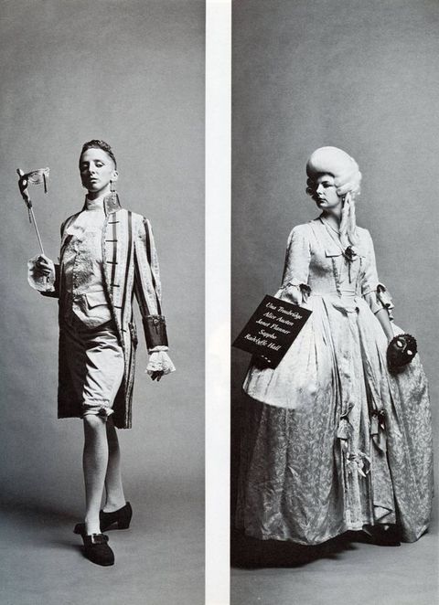 Two black and white photographs. Man with slicked back hair dressed in French aristocratic pantaloons, brocade waistcoat and long striped open jacket, turning his left brogue outward while holding a traditional mask. Woman in voluminous, patterned French dress holding a board with names in cursive text, holding a black Venetian mask.