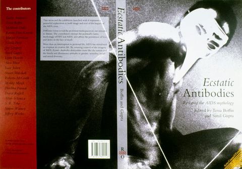 Cover of a book. In this book cover a black and white photograph of a naked man is seen head to waist from a side on view, with his head turned towards us, and his flexed arm pushed back behind him. His head is distorted as if caught mid-movement. Below him is the title text, “Ecstatic Antibodies: Resisting the AIDS Mythology”.   