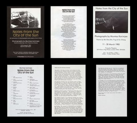 Black and white facsimile. Two rows of three typewritten exhibition notes. The top-left sheet has the golden-brown text "Notes from the City of the Sun" and a photograph of a person fishing with a bamboo net.  