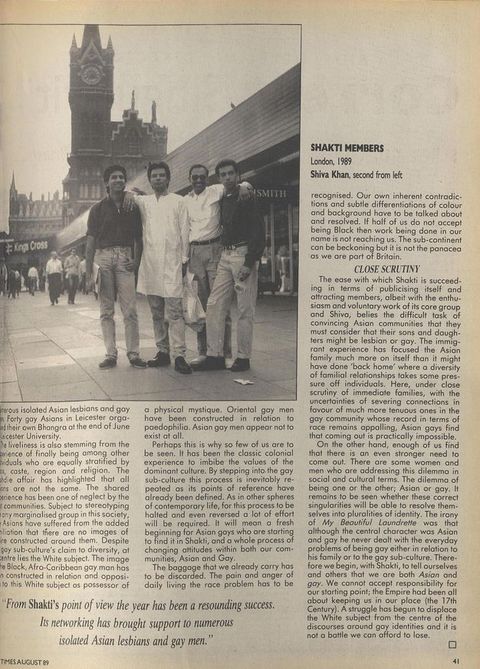 Newspaper clipping. Typewritten text in three columns appears amongst a thinly bordered photograph of four men with medium-brown skin tones in front of King's Cross Station. Caption reading "SHAKTI MEMBERS" and "London, 1989" also shown.
