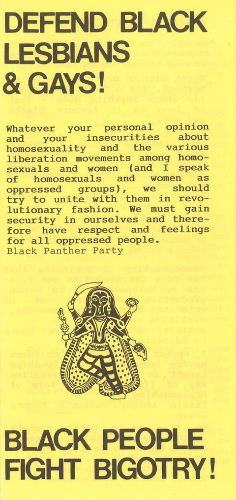 Cover of a flyer. Printed onto pale yellow paper is the title text “DEFEND BLACK LESBIANS AND GAYS,” and below “BLACK PEOPLE FIGHT BIGOTRY!”. Between them is a longer, descriptive passage of text, and an abstracted image of a person with four arms carrying various objects, while wearing a long cape.