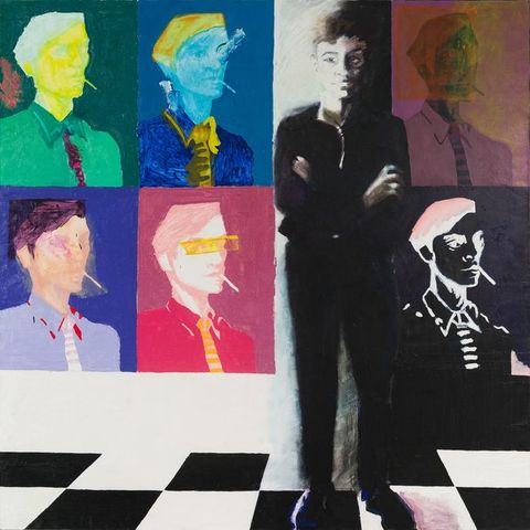 Painting. A figure stands against a wall featuring six portraits of the same individual, each rendered in different colour ways.