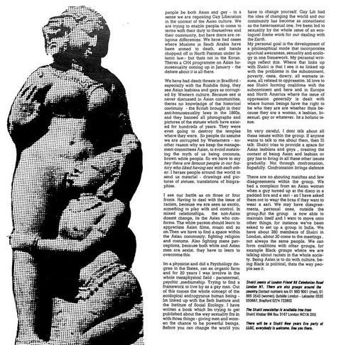 Page of a magazine. A black and white dotted image showing a stone sculpture of two women, the kneeling woman has her mouth near the other's genitals while holding their knee. Two columns of typewritten text appear to the right side of the page.