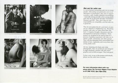 Page of a pamphlet. On the left are a group of six black and white photographs arranged into a 3 x 2 grid which show couples in intimate interactions. On the right is a passage of descriptive text with the title, “get set for safer sex”. 