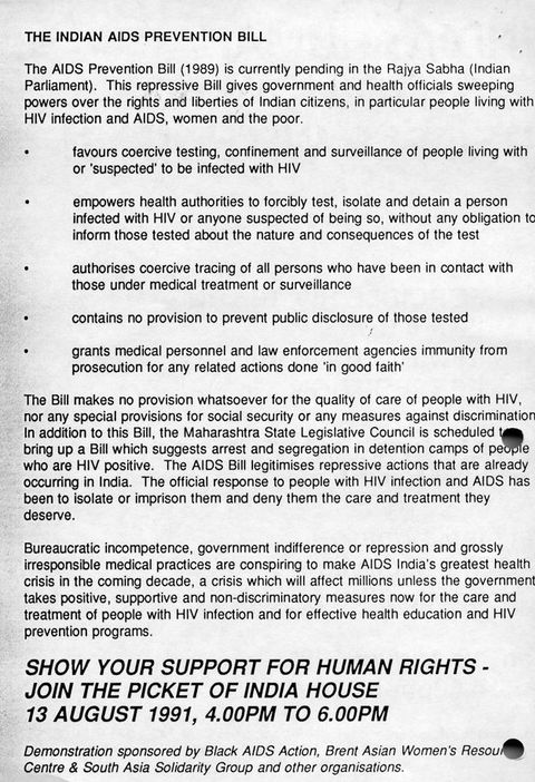 Digital facsimile of a flyer. Black typewritten text with the capitalised title "THE INDIAN AIDS PREVENTION BILL" at the top. Bullet points state how the 1989 Indian law will affect those living with the illness.