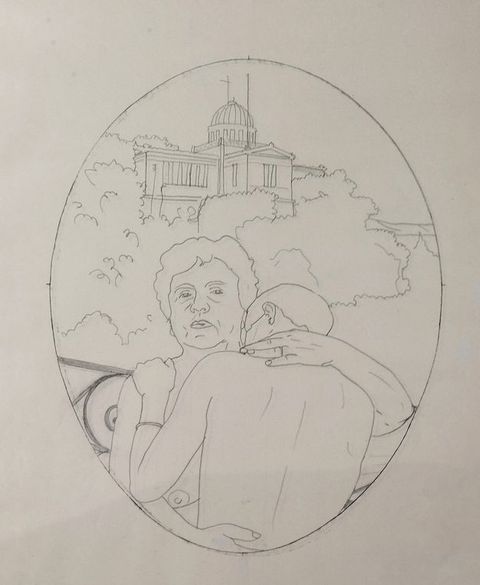 Drawing. A line drawing within an oval shape of two people embracing. One faces outwards towards the viewer, while the other is seen from behind. In the background lines describing a thicket of bushes lead up towards an observatory on the top of a hill.