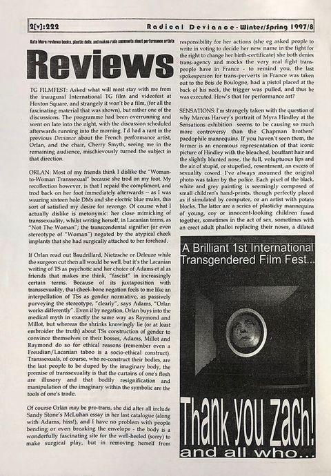 Page of journal. Two columns of typewritten text begin under the headline "Reviews". A black and white image of a face in an oval frame appears in the lower-right corner. The text "Radical deviance - Winter/Spring 1997/8" fills a page-wide box above the word "Reviews".