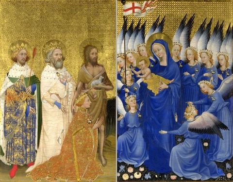 Painting. These two painted panels illustrate a single scene in which the Christ child is presented to a kneeling king. Mary and her angels are dressed in dark blue, and stand on a bed of flowers, while the king and his accompanying saints wear patterned, colourful robes, and are posed on a rocky ground. 