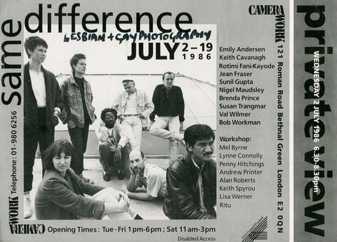 Black and white photograph. This black and white invitation for an exhibition preview includes a photograph of informally dressed people in various poses, along with the title text, “same difference”, and a list of contributing artists.