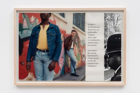 Print. Triptych collage showing dark skin tone man in denim jacket, jeans and a yellow button top stood in front of a pale skin tone man in brown leather jacket leaning against a bright graffitied wall in the background. Central vertical panel has two paragraphs of typewritten text. Right black and white panel showing dark skin tone policeman with protestors, trees and buildings in the background.