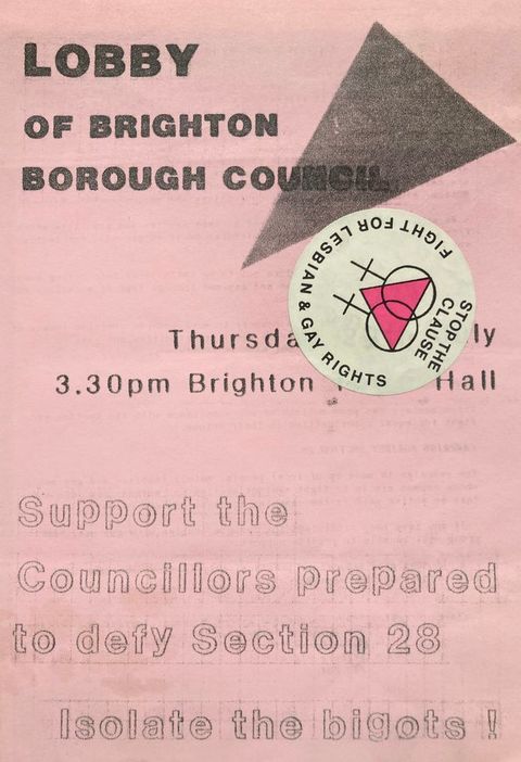 Cover of a flyer. This image shows the cover of a printed flyer on pink paper for the Lobby of Brighton Borough Council. Promotional text calls for readers to, “Support the Councillors prepared to defy Section 28.”
