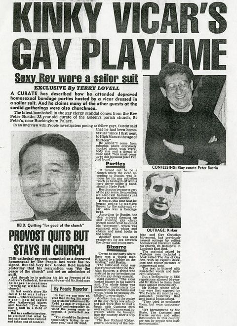 Newspaper clipping. This black and white newspaper features an article excerpt written by Terry Lovell with the title, “KINKY VICAR’S GAY PLAYTIME”. Along with the article is a photograph of the accused curate, named as Peter Bustin. 