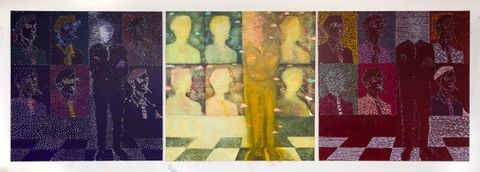 Paintings. A composite image of three compositionally similar paintings with different colour ways. In each, a figure stands against a wall featuring six portraits of the same individual, each rendered in different colour ways.