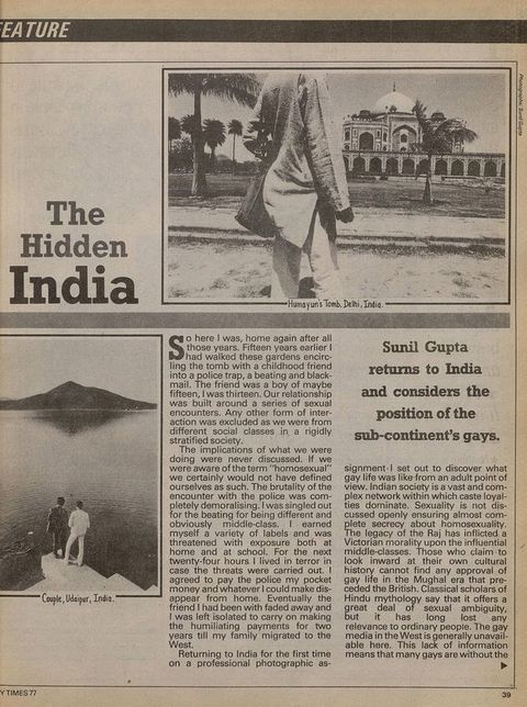 Newspaper clipping. Typewritten headline text "The Hidden India" is shown above two columns of text. Two black and white photographs showing a grand Indian building and a lake. Subheading reads "Sunil Gupta returns to India and considers the position of the sub-continent's gays".