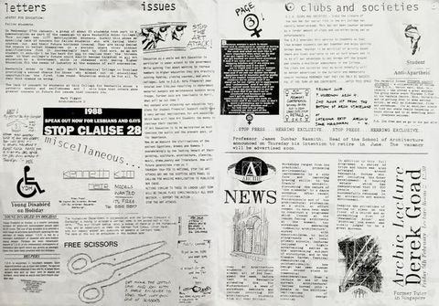 Back cover of a magazine. In this magazine back cover, passages of printed text and logos in black and white are arranged together to promote various events, clauses and societies. In the centre, a black rectangle features the white text, “STOP CLAUSE 28”. 