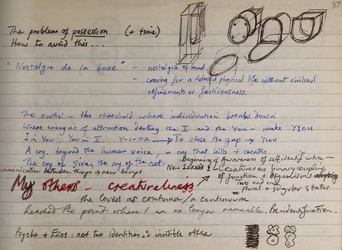 Page of a notebook. The page of a lined book is covered in loosely scrawled, hand-written notes of varying sizes in blue, black, and red ink, along with a series of small sketches resembling geometric and biomorphic forms. At the top reads the text: “the problem of possession (+ time) How to avoid this.”
