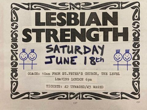 Photograph. In this flyer mock-up, cut out passages of printed text, pattern and imagery are arranged onto a sheet of white paper. The words, “LESBIAN STRENGTH” along with a description of an event, and four simple blue line drawings of people, are surrounded by a frame in an abstract pattern. 